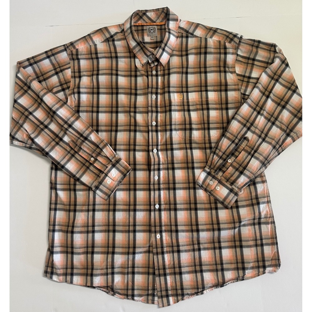 Cinch Mens XXL Orange Black Plaid Long Sleeve Button Down Western Cotton Shirt